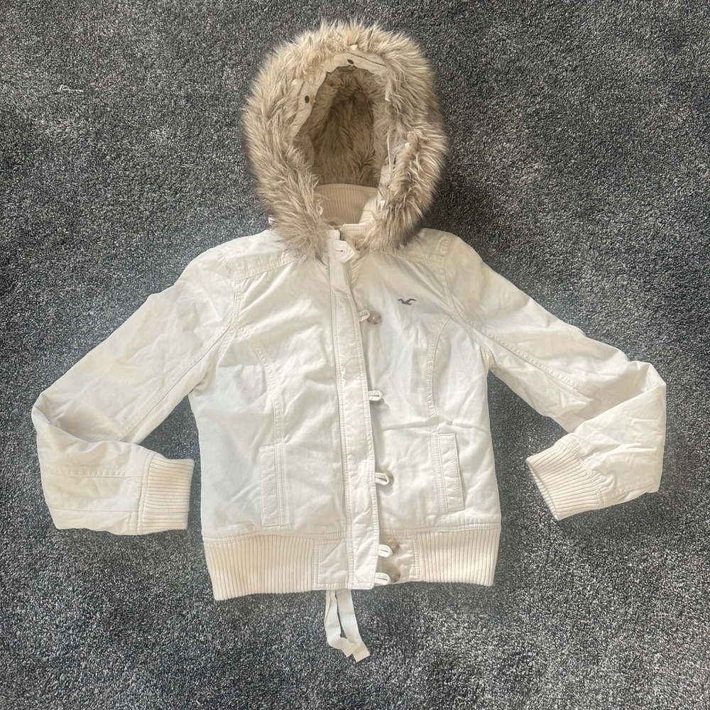 Y2K Hollister Jacket Womens Large White Faux Fur Hood Lined Winter Coat Utility